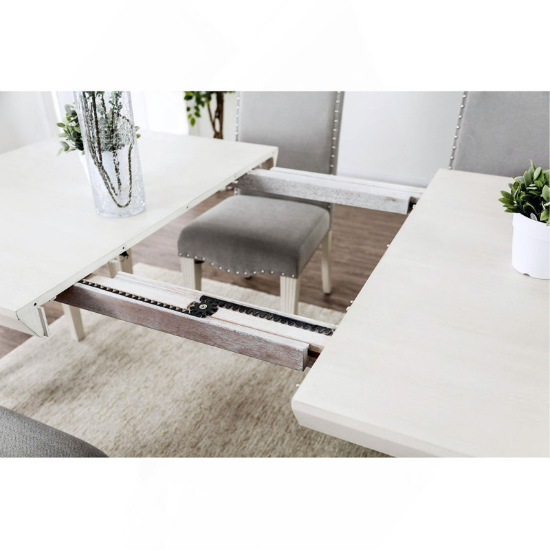 Elegant Rectangular Dining Table With Exp&Able Leaf In Antique White Finish