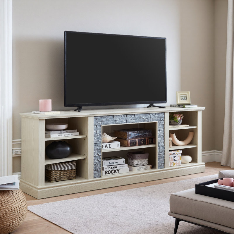 Large TV Desk Storage Rack With Faux Stacked Stone Surround,Media Console Table With Large Storage Cabinet,Modern TV Media Entertaionment Stand