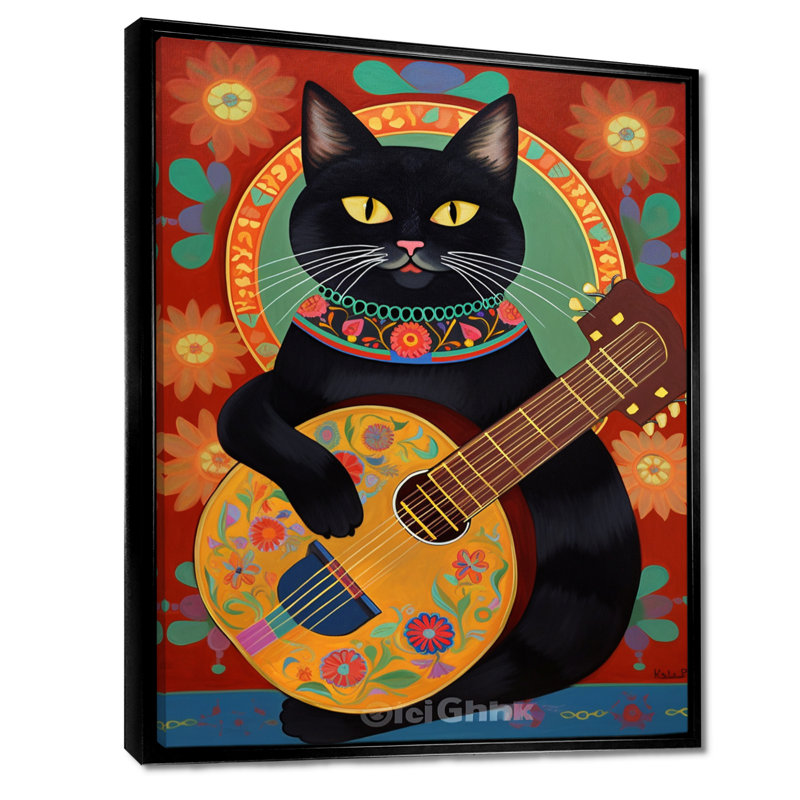 Chat noir boho jouant de la guitare - art mural chat, H 20 po x l 12 po x P 1 po, Toile avec cadre noir