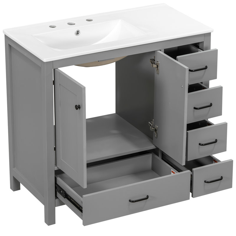 Meuble-lavabo de 36 pouces avec lavabo, avec 2 portes à fermeture en douceur et 5 tiroirs - Certifié EPA / UPC, Gris