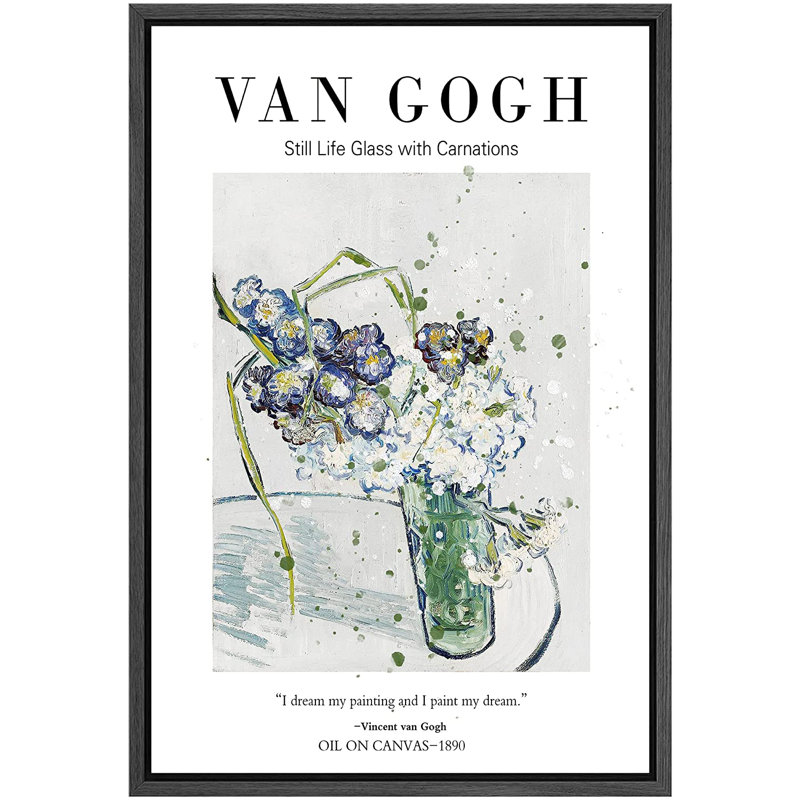 Signe, reproduction d'art sur toile encadrée, verre, nature morte, œillets, coup de pinceau décoratif, H 24 po x l 16 po