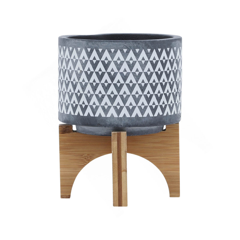 CERAMIC 5" AZTEC PLANTER ON WOODEN STAND, GRAY, 6" H x 5" W x 5" D, Natural