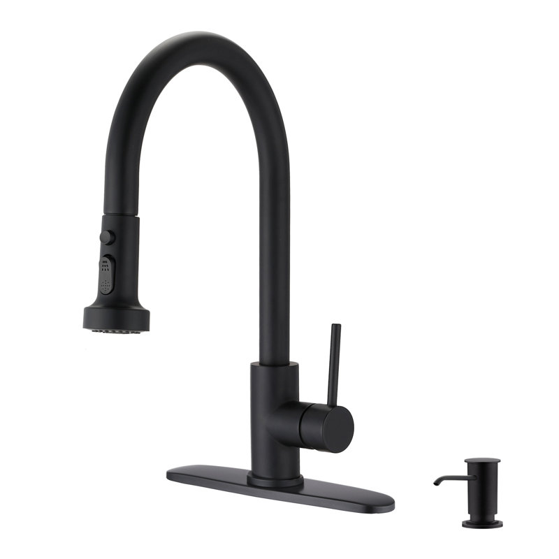 Robinet de cuisine rétractable en acier inoxydable avec distributeur de savon, Noir mat, Avec distributeur de savon