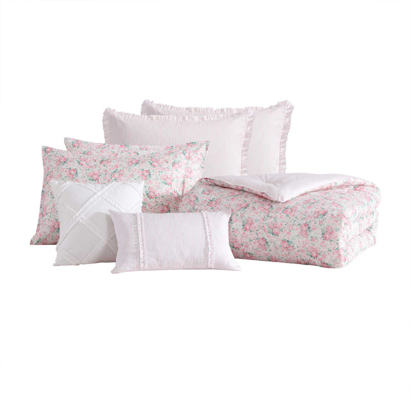 Laura Ashley Pamelas Posies Cotton Pink Comforter Bonus Set, Queen Comforter + 6 Additional Pieces