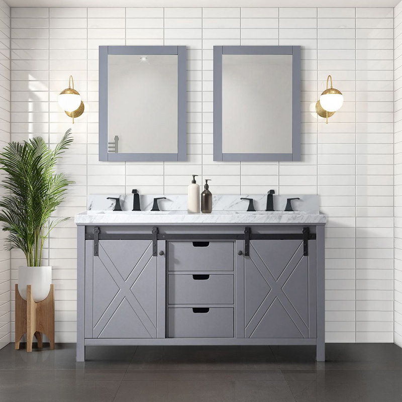 Meuble-lavabo double gris foncé 60 po X P 22 po D, ensemble de comptoir et robinet en marbre de Carrare