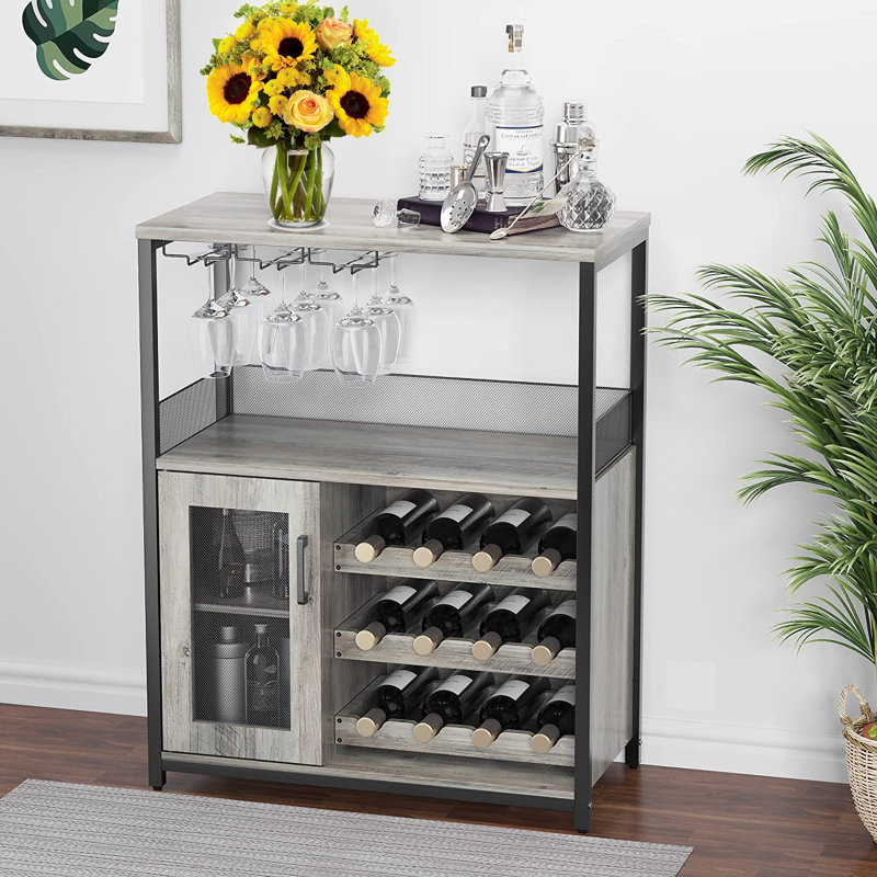 Armoire à vin avec porte-bouteilles amovible, porte-bouteilles avec porte-verre, Gris