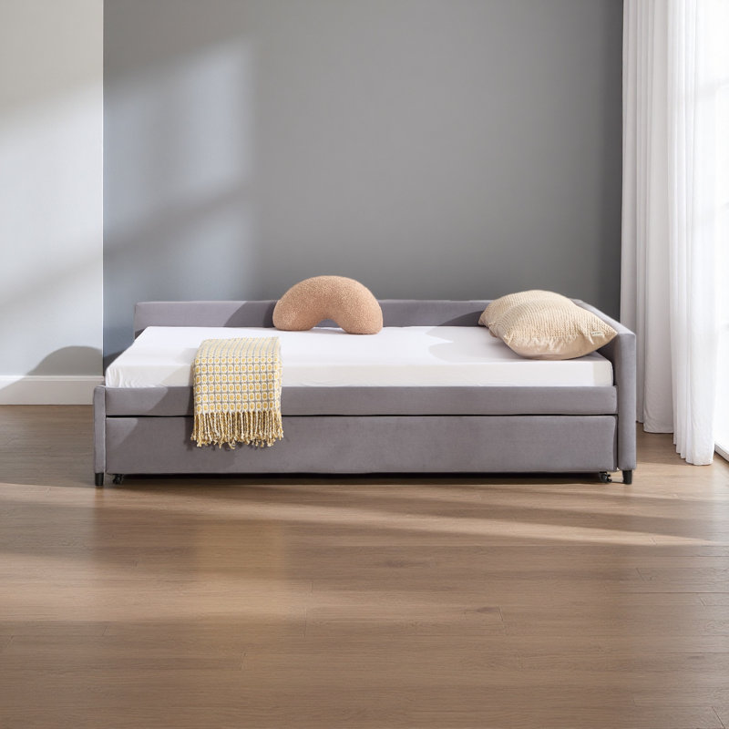 Lit de jour rembourré avec lit gigogne, structure de lit en bois robuste, conception de grille de diamant moderne, pour chambre à coucher, chambre d'amis