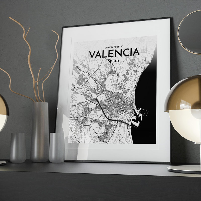 Valencia, carte de la ville, impression, H 20 po x l 16 po, Noir et blanc