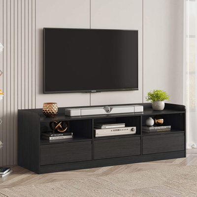 Meuble télé 55 po avec 3 tiroirs et coins arrondis Guinna, console multimédia moderne avec tablettes ouvertes et gestion des câbles, centre de divertissement pouvant accueillir un téléviseur de 65 po ou moins dans le salon ou la chambre à coucher