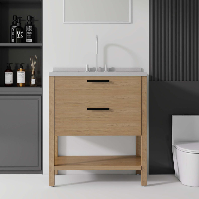 Meuble-lavabo autoportant avec comptoir en marbre de culture et fermeture en douceur, Chêne