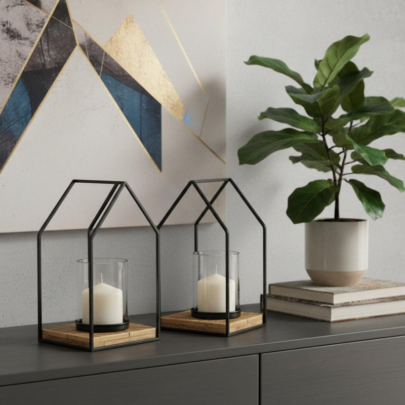 Ensemble de deux porte-bougies de table en métal géométrique noir et brun patiné