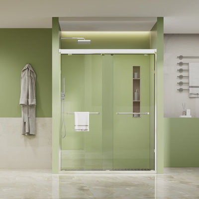 60" Width X 76" Height Framed Both Sliding Glass Shower Doors, With 1/4"(6mm) Clear Tempered Glass, Silver Finish, Big Rollers, Square Rail, Self-cleaning Coating On Both Sides