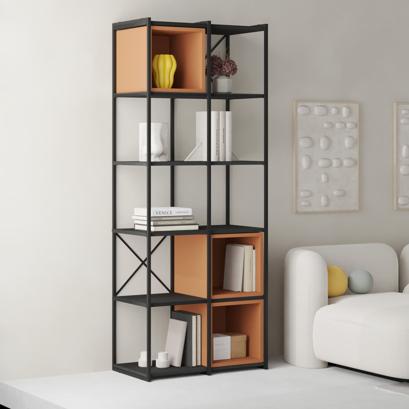 Vale 5-Shelf Display Bookcase with Cross Metal Frame, Black/Cinnamon