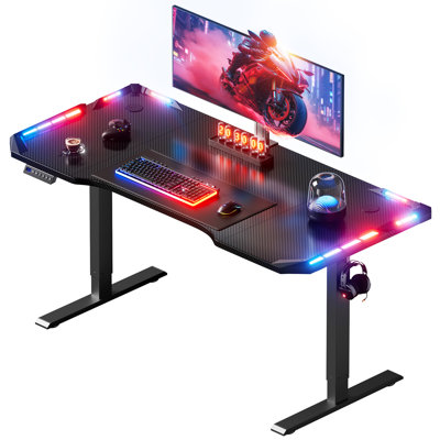 55” Electric Height-Adjustable Gaming Desk with LED Lighting, Ergonomic PC Table with Carbon Fibre Surface, 3 Memory Positions and 3 Sizes, Gaming Computer Desk for Home, Home Office, and Office, Black