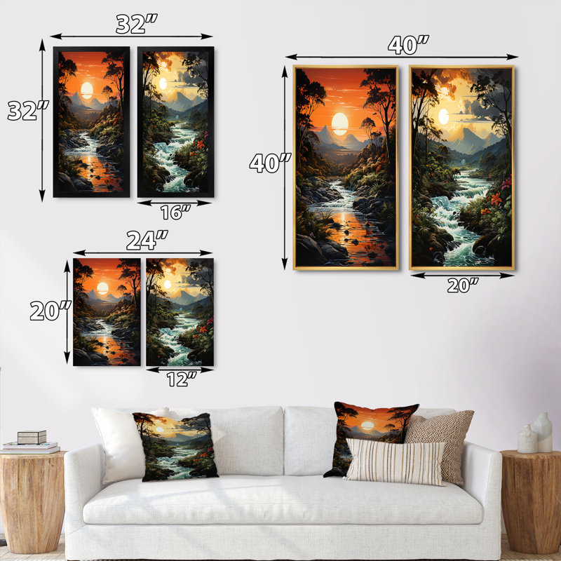 «Rivermountain Sunset Jungle Jubilation», 2 pièces, H 24 po x l 20 po, Encadrement doré