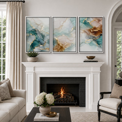 Tableau abstrait effet marbre turquoise, impression giclée sur toile encadrée (3 pièces) - 40,6 x 61 cm (16 x 24 pouces)