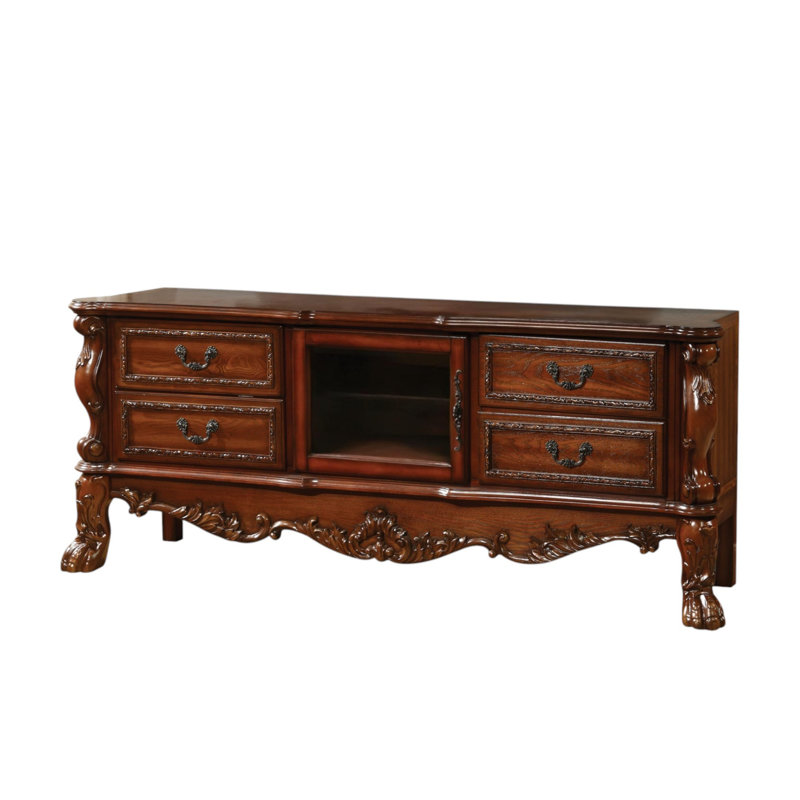 Herr 79" Brown Carved Scrollwork Wood And Glass Entertainment Center