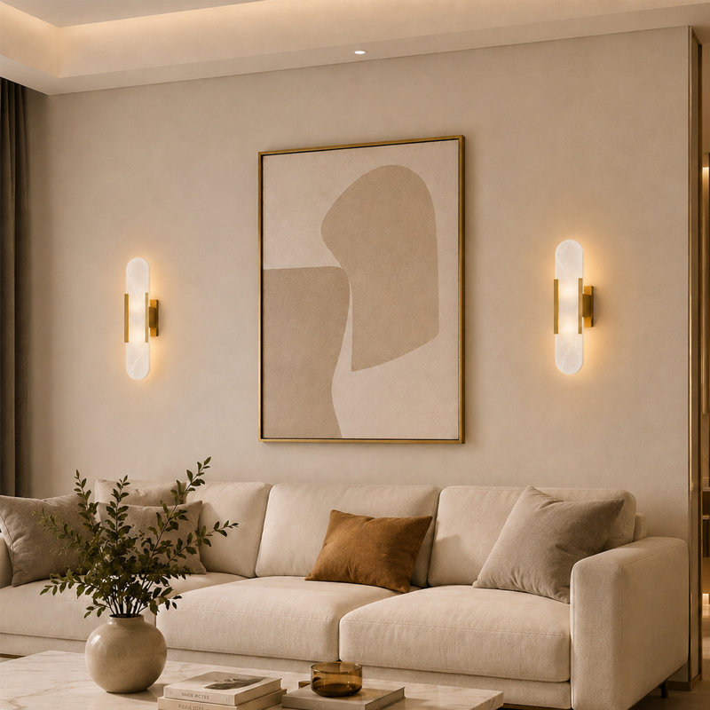 19.7" Natural Alabaster Sconce - Modern Real Stone Wall Light with 20% Thickened Gold Base & Dual G4 LED Bulbs (Hardwired)