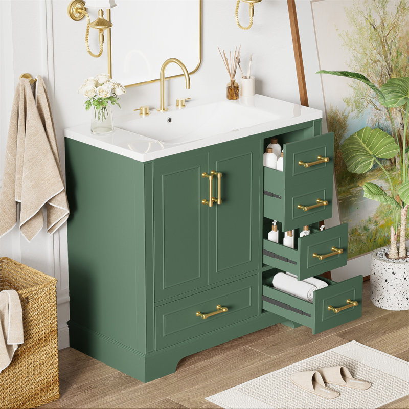 Meuble-lavabo traditionnel de 36 pouces avec lavabo en résine, deux portes et quatre tiroirs pour un rangement organisé et durable