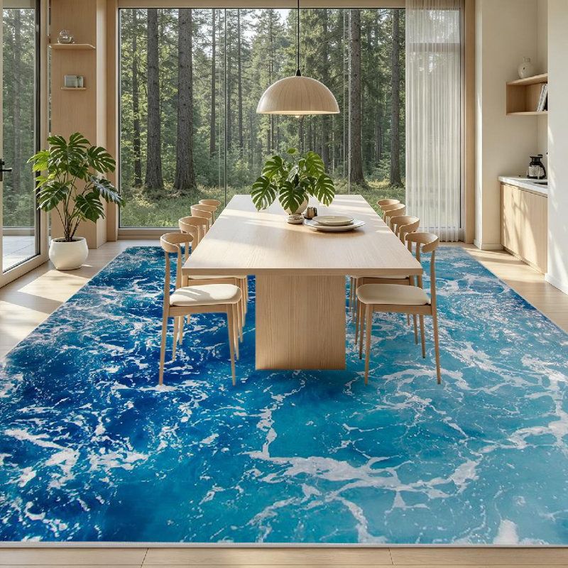 Tapis bleu océan lavable à la machine à l'eau de mer, Rectangle 79 po x 118 po
