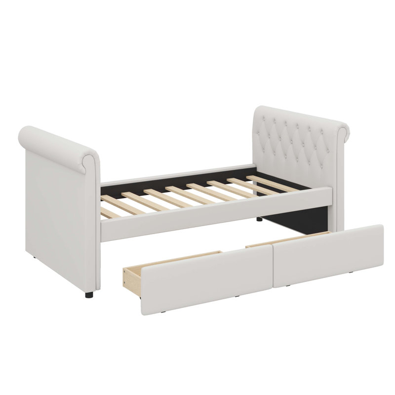 Lit de jour simple rembourré, équipé de 2 tiroirs, Beige