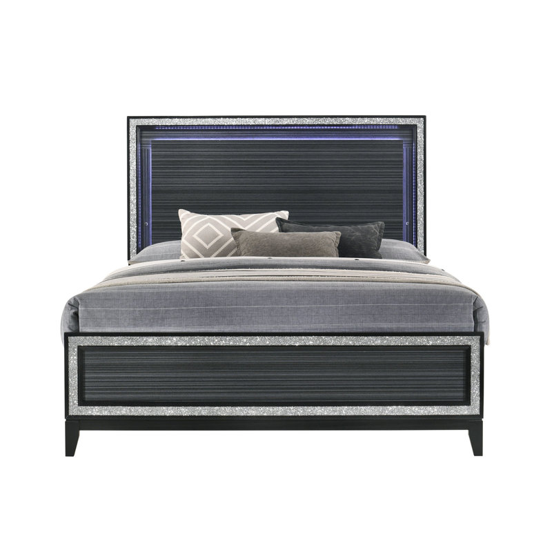 Grand lit à DEL noir et usé - construction synthétique robuste, capacité de poids de 660 lb, conception élégante avec éclairage intégré et garniture argentée