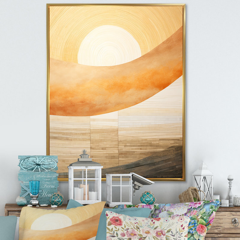 Décoration géométrique coucher de soleil géométrique beige doré - coucher de soleil, Cadre flottant doré, H 20 po x l 12 po