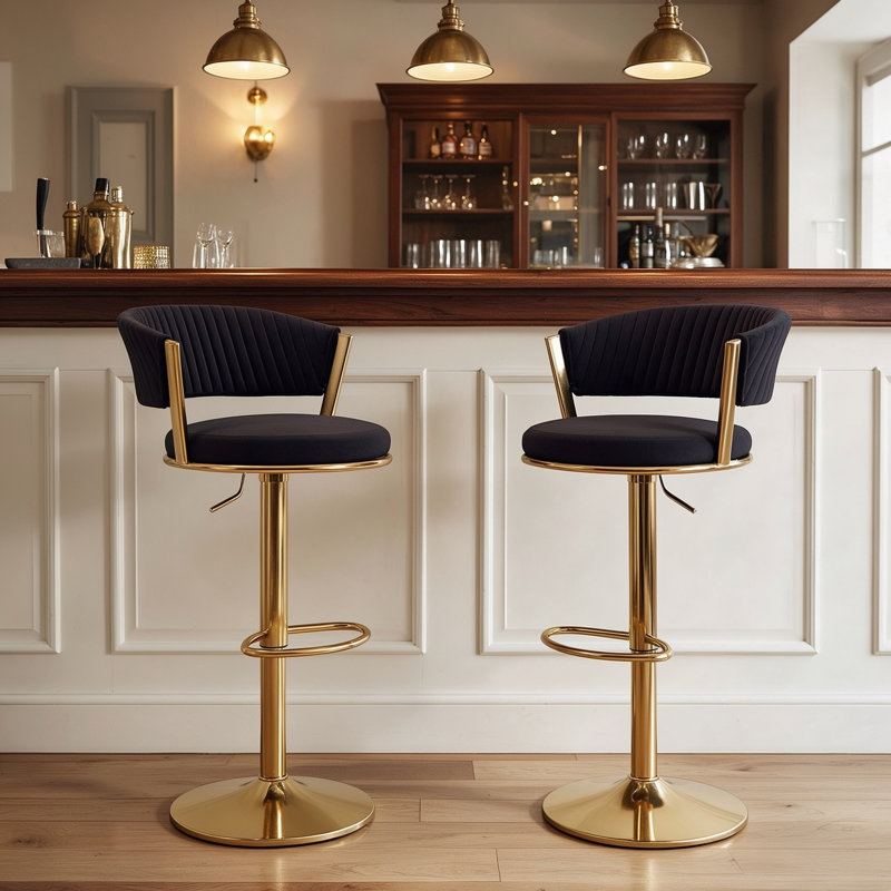 Tabouret de bar pivotant à 360° avec assise de 42 cm de large, hauteur réglable, revêtement en velours, structure en métal doré et repose-pieds.