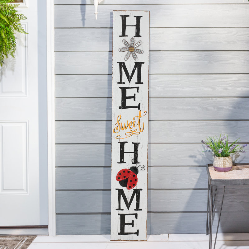 59-Inch "Home Sweet Home" Wood Porch Sign – Vertical Welcome Leaner with Metal Ladybug and Floral Accents