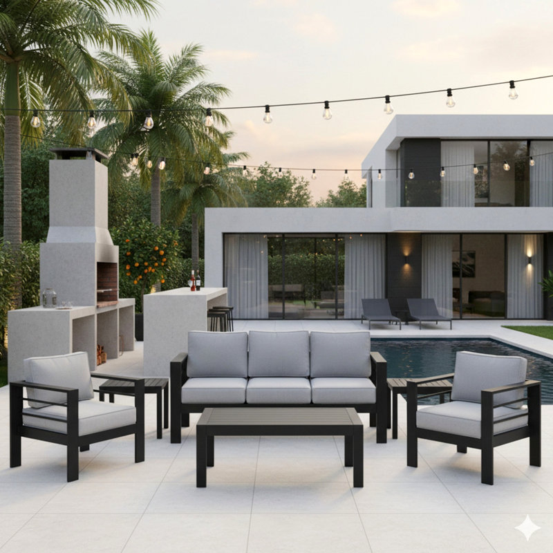 All-Weather 4-Piece Modern Metal Patio Furniture Set,  5-Seat Conversation Sofa With Thick Light Gray Cushions & Black Frame And Coffee Table