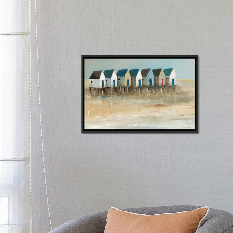 «Beach Cabins I», reproduction sur toile, H 18 po x l 26 po x p 1,5 po, Toile avec cadre noir, Pas de tapis