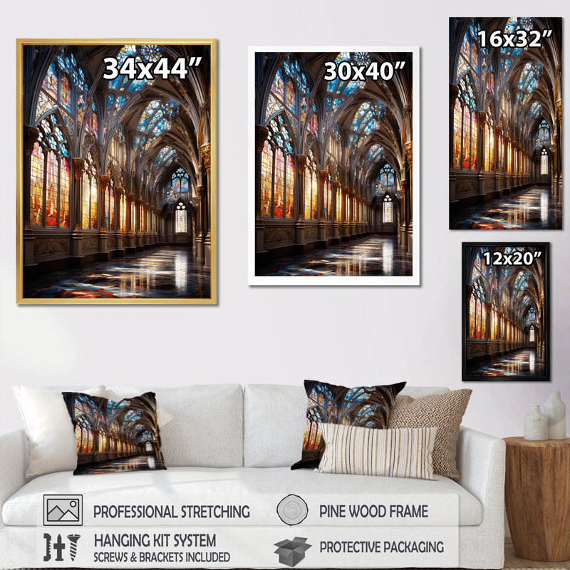 Vitrail Montecello Church I - art mural d'églises pour le salon, H 20 po x l 12 po x P 1 po, Cadre doré simple