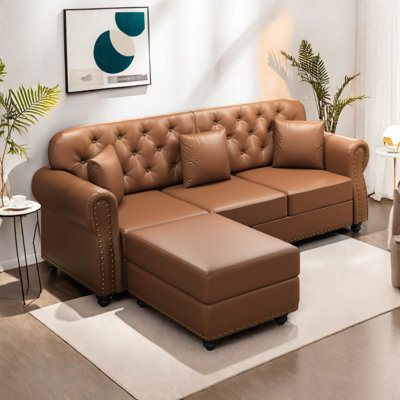 82.6" Upholstered Sofa with Nailhead Trim and Tufted Design, Includes Ottoman and Pillows
