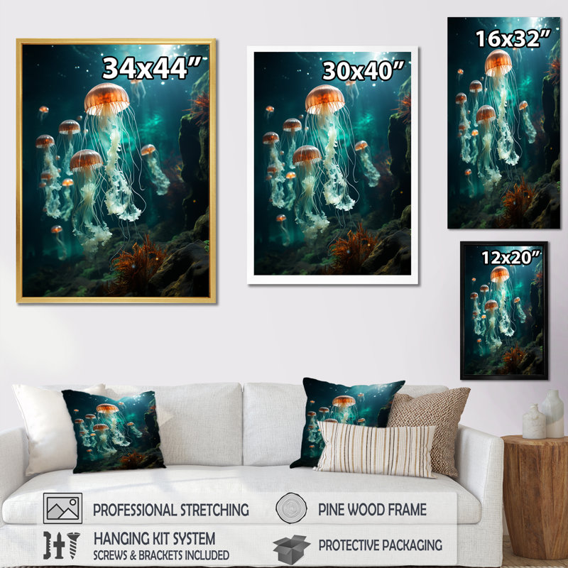 «Green Jellyfish Family» sur toile, Toile tendue, H 40 po x l 30 po x P 1,5 po
