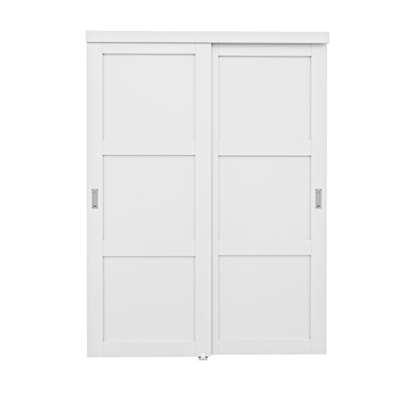 Porte de placard coulissante en panneau de fibres à densité moyenne blanche à 3 panneaux, pré-assemblée avec poignées et quincaillerie complète