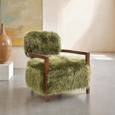 Chaise d'appoint en fausse fourrure, accoudoirs et dossier en bois de noyer foncé