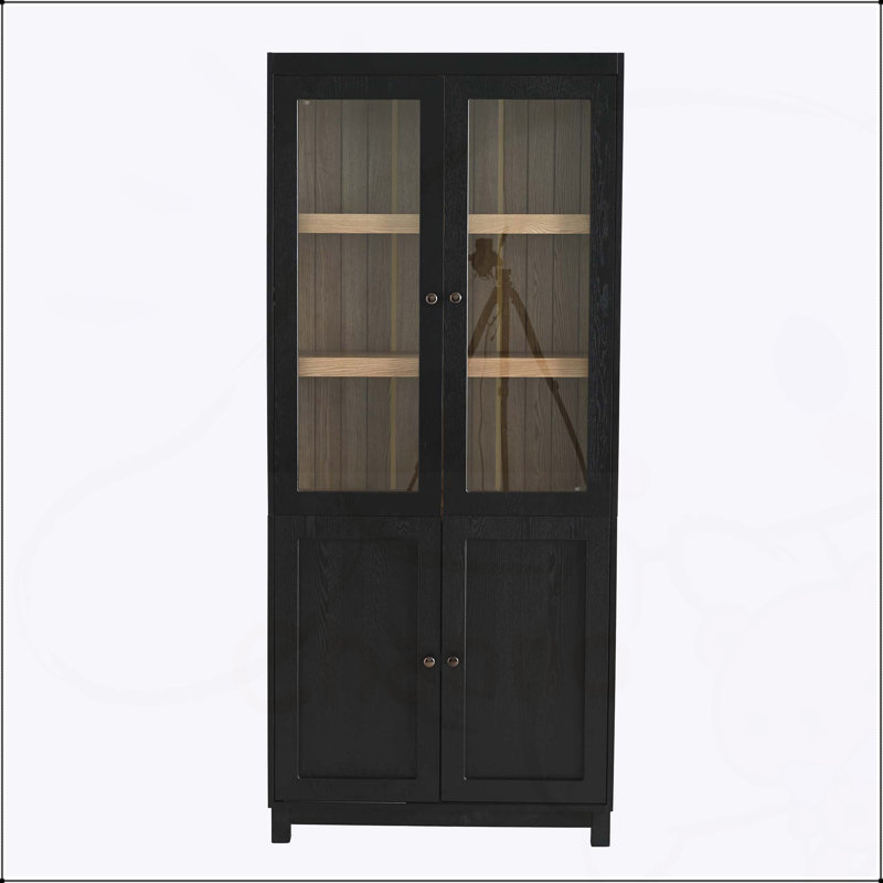 Vitrine en bois de frêne de style Mid-Century 74,5 po avec tablettes réglables et portes en verre, idéale pour les couloirs, le salon, la cuisine et le bureau