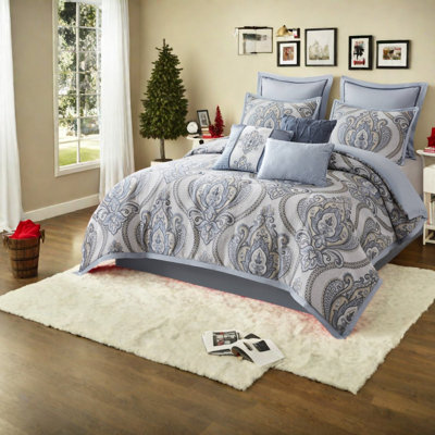 -Piece Cal King Bedding Sets, Blue Chenille Jacquard Comforter Set