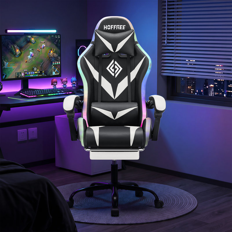 Hoffree Massage Ergonomic Gaming Chair with Bluetooth Speakers and RGB LED Lights, White/Black