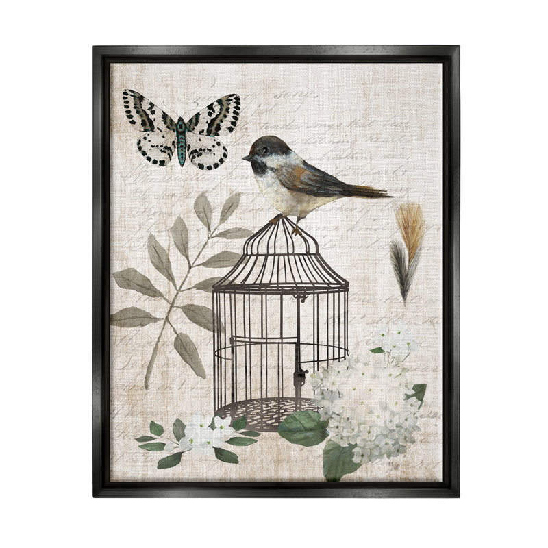 Motif de papillon rétro Botanical Bird Cage - impression sur toile, Cadre flottant noir de jais, H 21 po x l 17 po x P 1,7 po