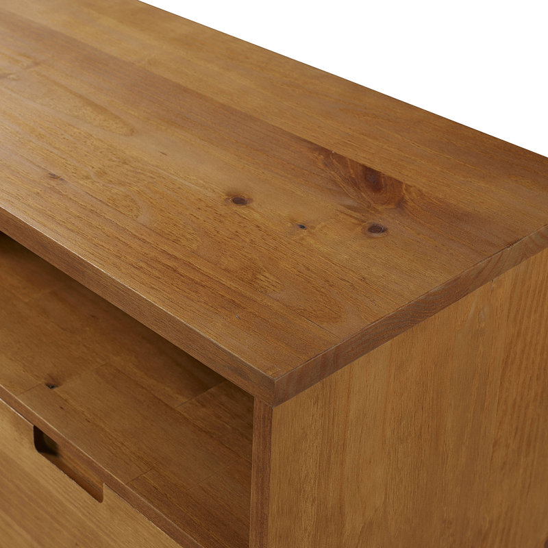 Mid-Century Modern Solid Wood 3-Drawer 58" TV Stand For 65" Tvs With 2 Open Cubbies, Caramel