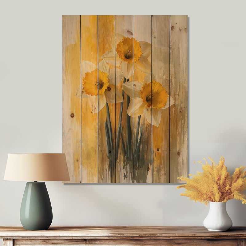 Silencieux jonquille minimaliste fleurs I - impression de jonquilles sur bois de pin naturel, H 44 po x l 34 po x P 0,78 po