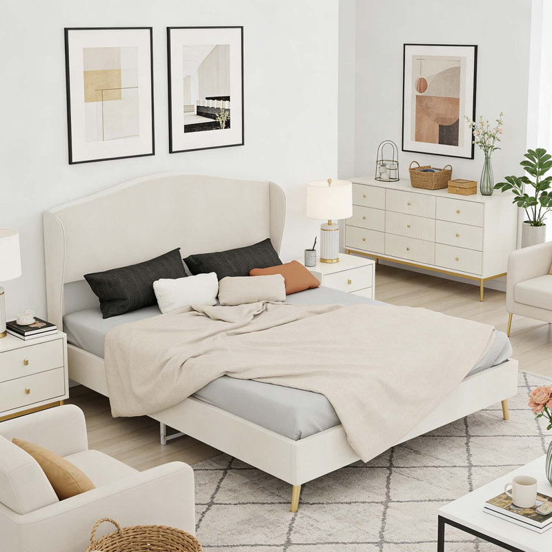 Lit rembourré avec structure robuste, pour chambre à coucher principale, Beige, Grand lit