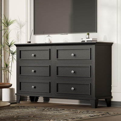 Commode 6 tiroirs Farmhouse - Large commode en bois avec poignées rétro pour chambre à coucher, salon, couloir