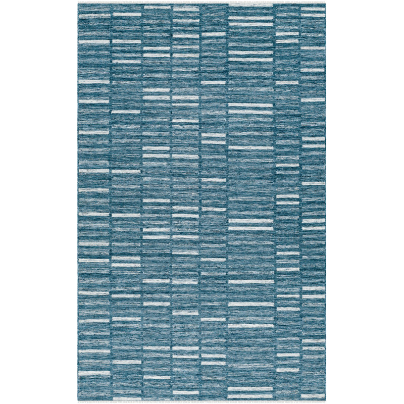 Caniesha Striped Hand Woven Flatweave Wool Area Rug in Blue, Rectangle 6' x 9'