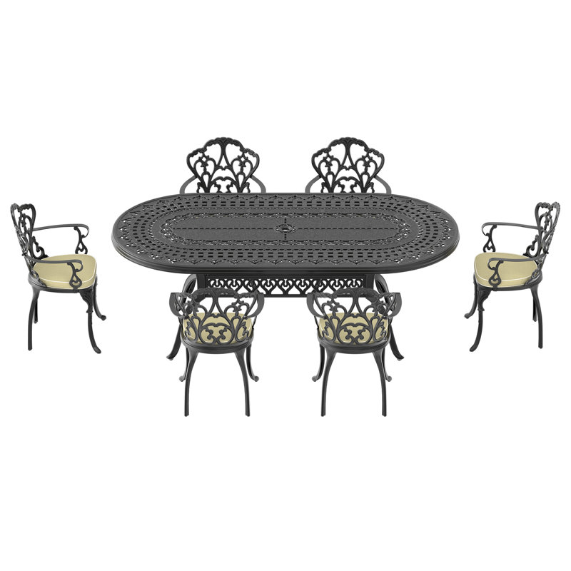 Ensemble de 7 pièces de mobilier de patio en aluminium coulé avec cadre noir et coussins de siège blanc cassé, 6