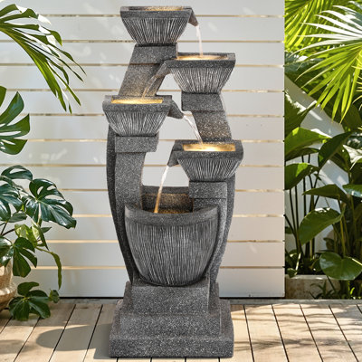 Fontaine d'eau moderne 40,5 "avec lumières DEL, bols à quatre colonnes en cascade, résistance extérieure résistante aux intempéries