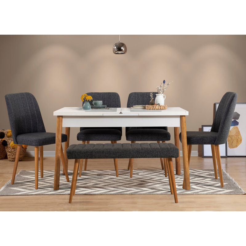 Ensemble de table et chaises de salle à manger extensible Modern (6 pièces) | 100% panneau de particules enduit de mélamine, table: 47,2 po x 29,5 po x 29,5 po, ouverture: 60,2 po x 29,5 po x 29,5 po | 4 chaises en mousse de lin: 18,5 po x 35,4 po, ban