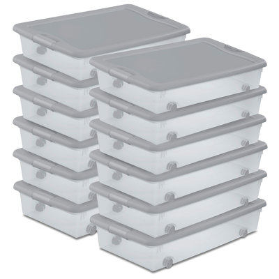  56Qt Wheeled Under Bed Storage Container, Plastic Bin, Silver, 12 Pack