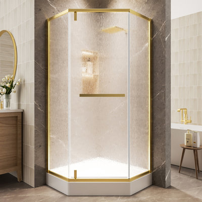 Porte de douche néo-angle P 36 po x l 36 po x H 72 po, cabine de douche d'angle avec verre trempé transparent de 1/4 po (6 mm) avec portes pivotantes anti-déflagrantes dorées